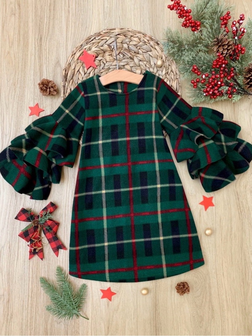 Nwt Mia Belle Girls Classic Green Plaid Holiday Dress With Ruffle Sleeves - Kids — image 5 of 8